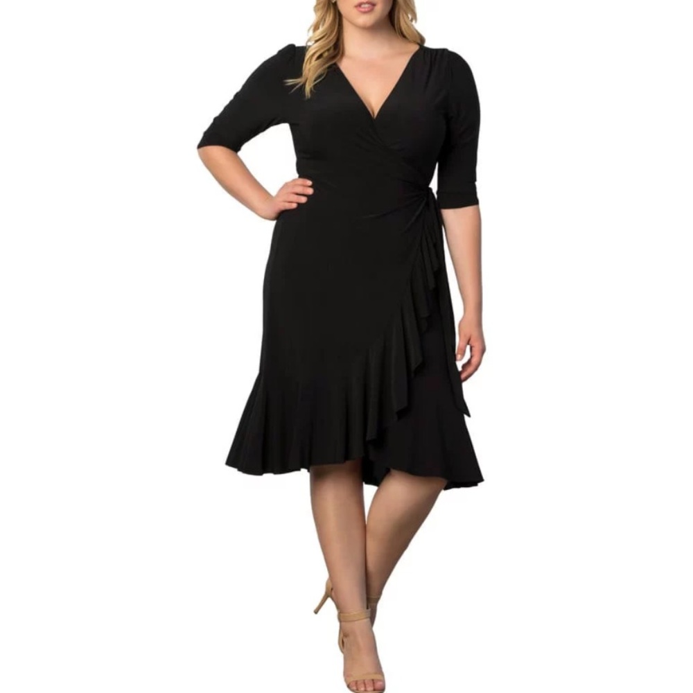 Kiyonna Black Faux-Wrap Ruffle Hem Midi Dress